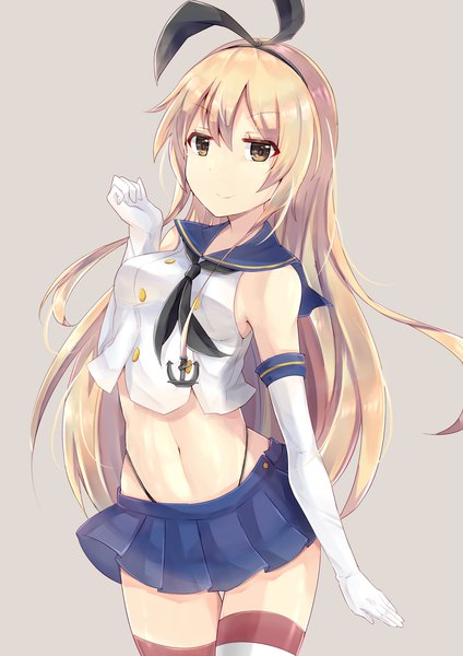 Anime picture 2480x3507 with kantai collection shimakaze destroyer zhi zhi/zu zu single long hair tall image looking at viewer highres blonde hair smile standing brown eyes pleated skirt midriff zettai ryouiki girl skirt gloves navel detached sleeves