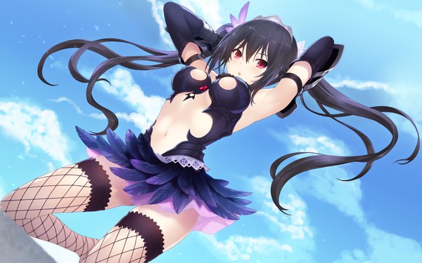 Anime picture 1920x1200 with choujigen game neptune noire cait single long hair looking at viewer blush fringe highres breasts open mouth light erotic black hair hair between eyes red eyes twintails sky cloud (clouds) wind arms up