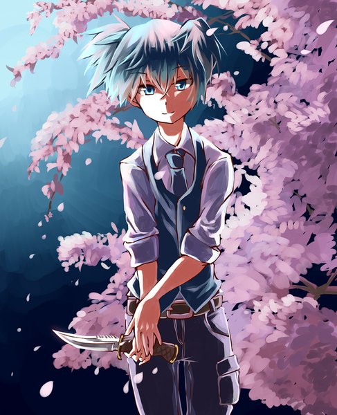 Anime picture 813x1000 with ansatsu kyoushitsu shiota nagisa lazycurry single tall image looking at viewer fringe short hair blue eyes smile hair between eyes standing twintails holding blue hair night cherry blossoms short twintails shaded face twisty sleeves