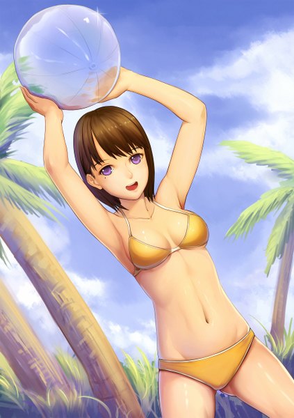 Anime picture 1748x2480 with love plus anegasaki nene jun (goodgun7) single tall image highres short hair open mouth brown hair pink eyes girl navel swimsuit plant (plants) bikini tree (trees) palm tree beachball