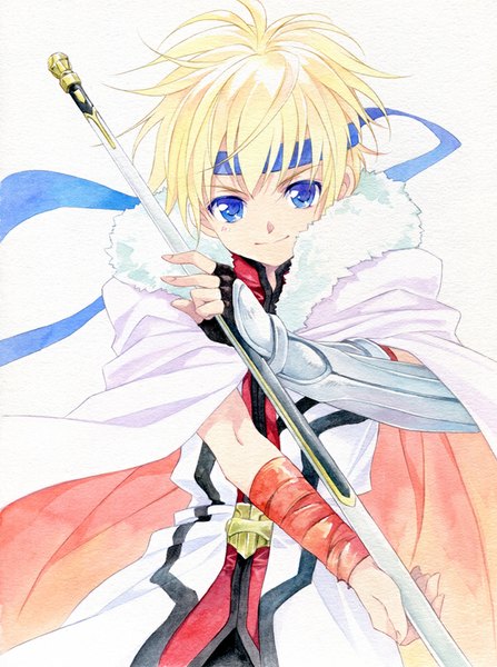 Anime picture 700x940 with dog days shinku izumi agahari single tall image looking at viewer short hair blue eyes simple background blonde hair smile white background traditional media watercolor (medium) boy gloves hairband armor fingerless gloves cape