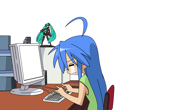 Anime picture 1680x1050 with lucky star vocaloid kyoto animation hatsune miku izumi konata wide image transparent background girl computer