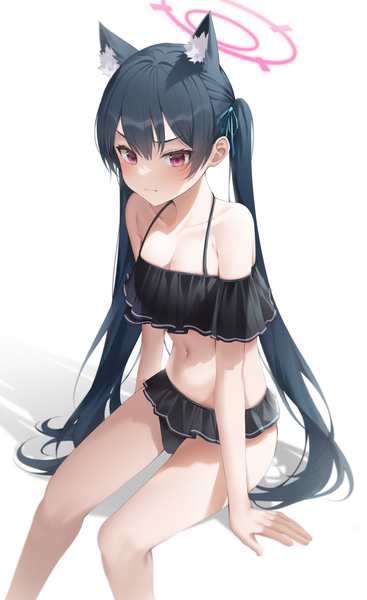 Anime picture 1029x1681 with blue archive serika (blue archive) serika (swimsuit) (blue archive) solcha single tall image looking at viewer blush fringe breasts light erotic black hair simple background hair between eyes white background sitting twintails animal ears payot very long hair