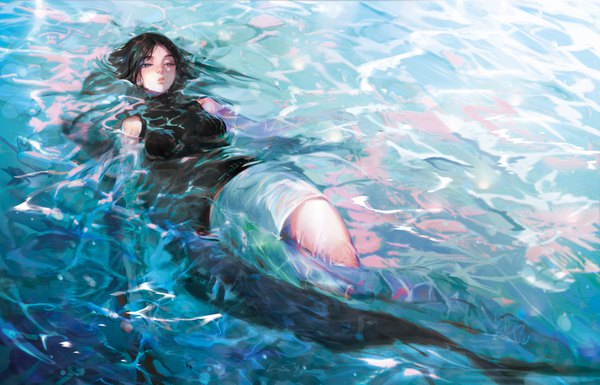 Anime picture 7000x4500 with original nanase miri single long hair fringe highres blue eyes black hair bare shoulders looking away absurdres full body from above wet partially submerged afloat ophelia's pose girl skirt sea