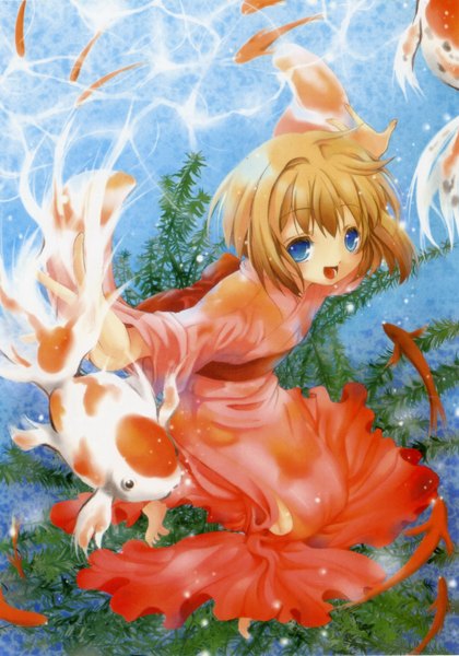 Anime picture 2052x2928 with pixiv girls collection 2010 tall image highres short hair open mouth blue eyes smile brown hair japanese clothes scan spread arms girl plant (plants) water kimono fish (fishes) goldfish algae