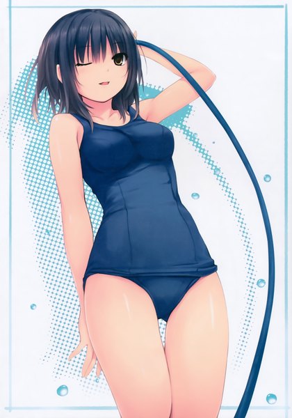 Anime picture 4900x7005 with original aoyama sumika coffee-kizoku single long hair tall image looking at viewer highres light erotic black hair brown eyes absurdres one eye closed wink scan thigh gap girl swimsuit water one-piece swimsuit