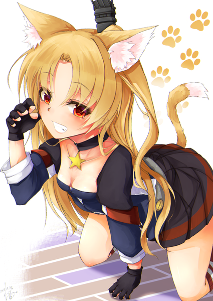 Anime picture 752x1062 with azur lane cleveland (azur lane) tsuizi single long hair tall image looking at viewer blush fringe breasts light erotic simple background blonde hair smile hair between eyes red eyes signed animal ears payot bent knee (knees)