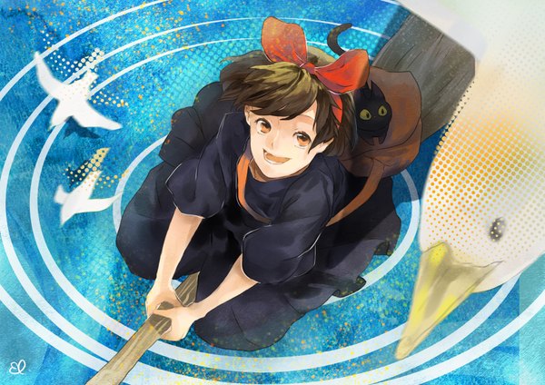 Anime picture 3507x2480 with kiki's delivery service studio ghibli kiki jiji eachy-peachy highres short hair open mouth brown hair absurdres looking back orange eyes broom riding girl dress bow hair bow animal water bird (birds)