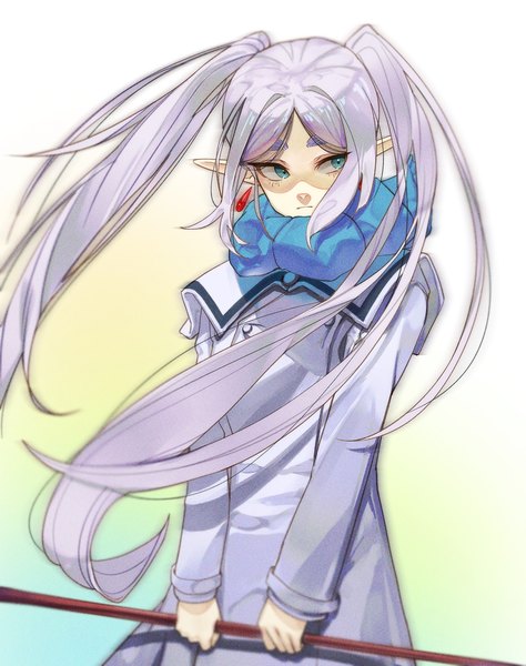 Anime picture 1184x1500 with sousou no frieren frieren pengpeng dohyung single long hair tall image simple background twintails green eyes looking away silver hair pointy ears gradient background shaded face eyebrows elf girl earrings scarf