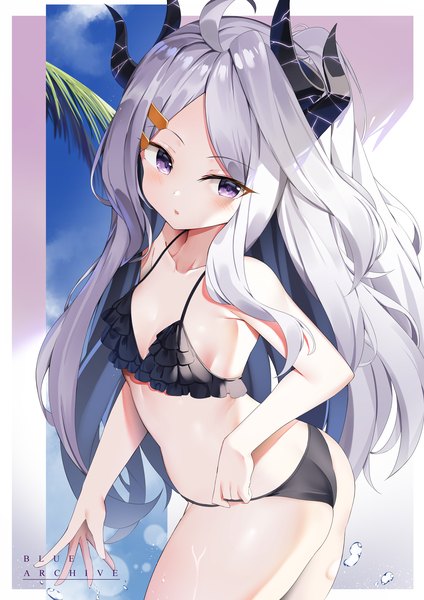 Anime picture 3500x4950 with blue archive hina (blue archive) kuse (0201) single long hair tall image looking at viewer blush highres light erotic purple eyes absurdres silver hair ahoge ass horn (horns) copyright name girl swimsuit bikini