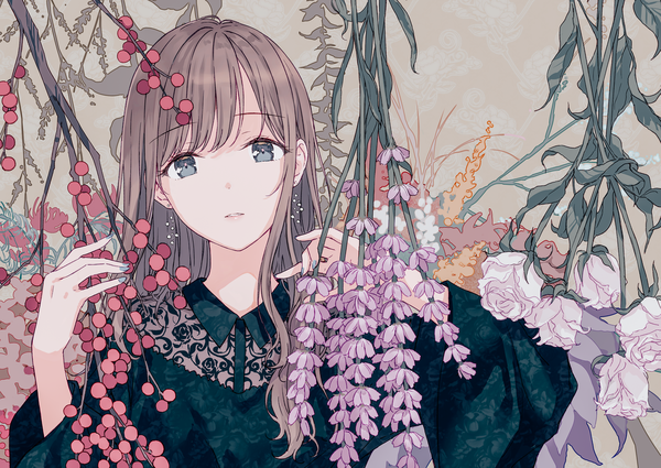 Anime picture 1411x1000 with original hiten (hitenkei) single long hair looking at viewer fringe blue eyes brown hair upper body blunt bangs nail polish parted lips fingernails wide sleeves floral print brown background floral background aqua nail polish girl flower (flowers)