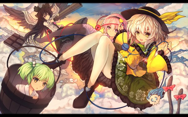 Anime picture 1200x750 with touhou komeiji koishi komeiji satori reiuji utsuho kaenbyou rin kisume eva200499 long hair looking at viewer blush short hair open mouth black hair blonde hair smile wide image twintails multiple girls yellow eyes looking away