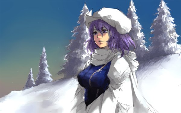 Аниме картинка 1280x800 с touhou letty whiterock короткие волосы широкое изображение зима снег девушка шляпа goldregen