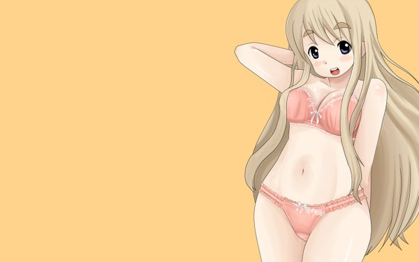 Anime picture 1440x900 with k-on! kyoto animation kotobuki tsumugi nullhachi single long hair blush open mouth blue eyes light erotic simple background blonde hair wide image standing :d underwear only arm behind head eyebrows third-party edit yellow background