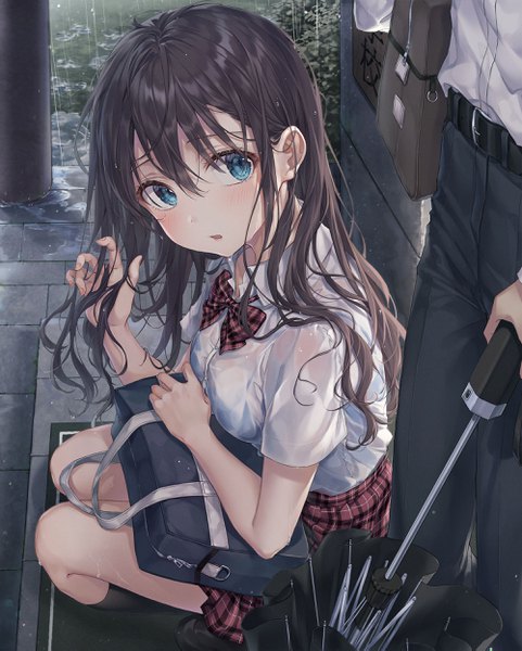 Anime picture 2000x2493 with original r o ha long hair tall image blush fringe highres open mouth blue eyes light erotic black hair hair between eyes standing holding looking away outdoors short sleeves wet plaid skirt rain
