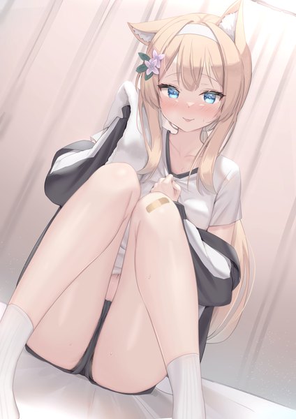 Anime picture 3541x5016 with blue archive mari (blue archive) mari (gym uniform) (blue archive) reinama single long hair tall image looking at viewer blush fringe highres blue eyes light erotic blonde hair smile sitting animal ears absurdres bent knee (knees) hair flower