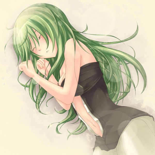 イラスト 1128x1128 と 遊★戯★王 caam serenity of gusto 新谷つしや ソロ 長髪 lying eyes closed green hair sleeping 女の子 へそ