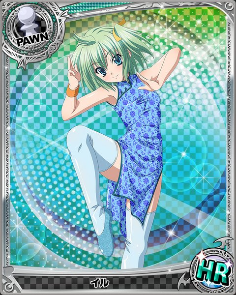 Anime picture 640x800 with highschool dxd tagme (character) single tall image looking at viewer blush short hair blue eyes smile bent knee (knees) traditional clothes green hair sleeveless chinese clothes card (medium) fighting stance girl thighhighs bow hair bow