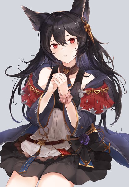 Anime picture 674x973 with granblue fantasy nier (granblue fantasy) kachi single long hair tall image looking at viewer blush fringe light erotic black hair simple background hair between eyes red eyes sitting bare shoulders animal ears payot grey background wide sleeves