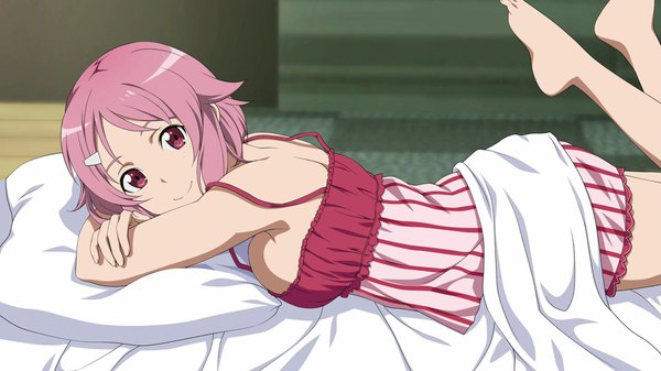 Anime picture 1920x1080 with sword art online sword art online: fatal bullet a-1 pictures lisbeth single looking at viewer highres short hair breasts light erotic smile red eyes wide image large breasts bare shoulders pink hair game cg indoors lying barefoot