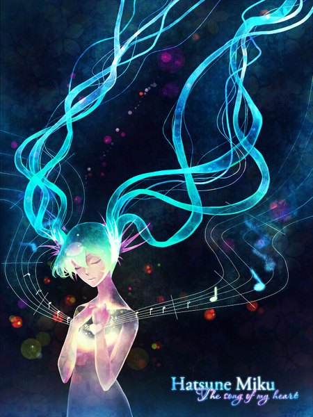 Anime picture 1328x1771 with vocaloid hatsune miku kaminary single long hair tall image twintails eyes closed very long hair aqua hair inscription hands clasped girl heart musical note