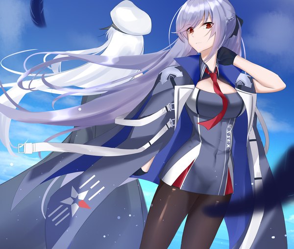 Anime picture 2000x1693 with azur lane enterprise (azur lane) essex (azur lane) eternity (shadeh) long hair looking at viewer fringe highres breasts red eyes standing multiple girls blue hair sky outdoors white hair arm up wind clothes on shoulders girl