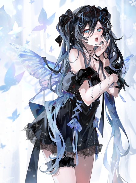Anime picture 1639x2200 with original arutera single long hair tall image looking at viewer fringe breasts open mouth black hair simple background hair between eyes standing nail polish fingernails teeth fang (fangs) two side up gradient hair insect wings
