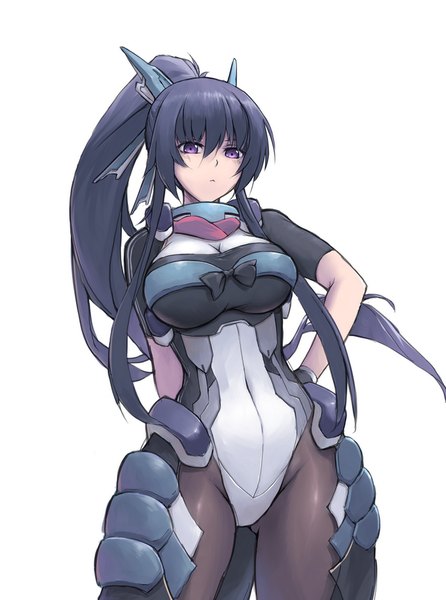 Anime picture 745x1001 with kyoukai senjou no horizon honda futayo nightmaremk2 single long hair tall image looking at viewer breasts light erotic black hair simple background large breasts standing white background purple eyes ponytail from below short sleeves hand on hip covered navel
