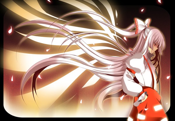 Anime picture 1500x1034 with touhou fujiwara no mokou single long hair red eyes purple hair profile half updo hand in pocket girl bow hair bow petals