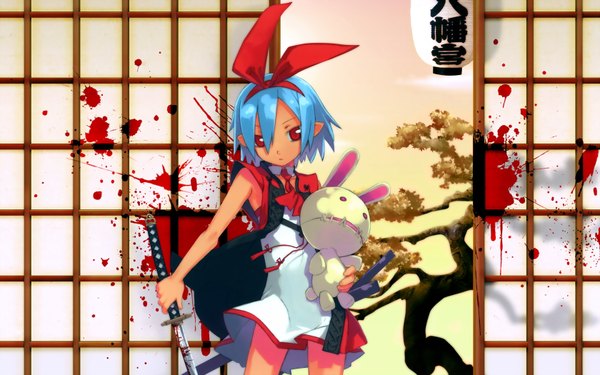 Anime picture 1680x1050 with disgaea pleinair usagi-san kuroboshi kouhaku single looking at viewer short hair red eyes wide image blue hair dark skin blood stains girl weapon sword katana blood toy stuffed animal stuffed toy