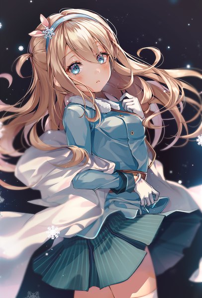 Anime picture 1100x1624 with girls frontline suomi kp31 (girls frontline) ttosom single long hair tall image looking at viewer blush fringe breasts blue eyes simple background blonde hair hair between eyes standing long sleeves pleated skirt off shoulder zettai ryouiki fur trim