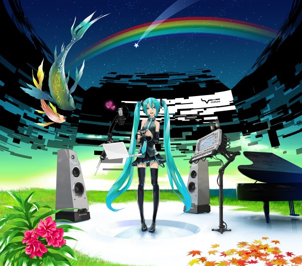 Anime picture 1200x1058 with vocaloid hatsune miku redjuice open mouth twintails very long hair aqua eyes aqua hair shooting star girl skirt flower (flowers) plant (plants) detached sleeves necktie leaf (leaves) thigh boots grass fish (fishes) microphone