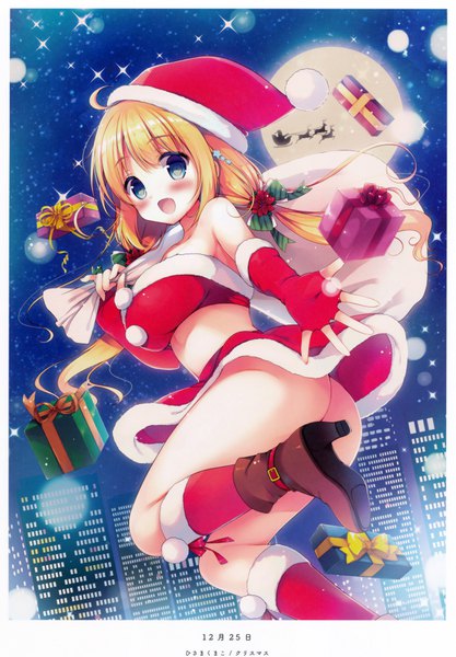 Anime picture 5246x7537 with original hisama kumako single long hair tall image blush fringe highres open mouth blue eyes light erotic blonde hair absurdres ass scan night official art :o fur trim christmas