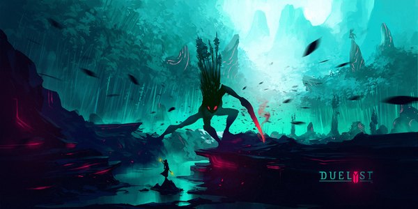 Anime picture 1600x800 with duelyst anton fadeev wide image blurry copyright name glowing mountain glowing eye (eyes) fighting stance silhouette river rock fog glowing weapon warrior ambiguous gender concept art weapon plant (plants) tree (trees)