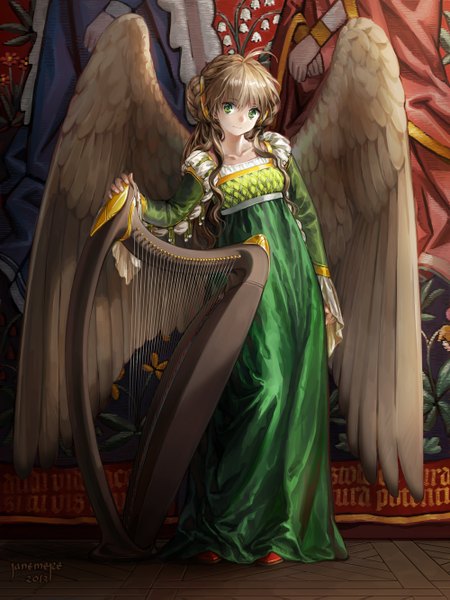 Anime picture 1000x1333 with original jane mere single long hair tall image looking at viewer brown hair green eyes signed ahoge braid (braids) angel wings girl dress wings musical instrument harp middle ages