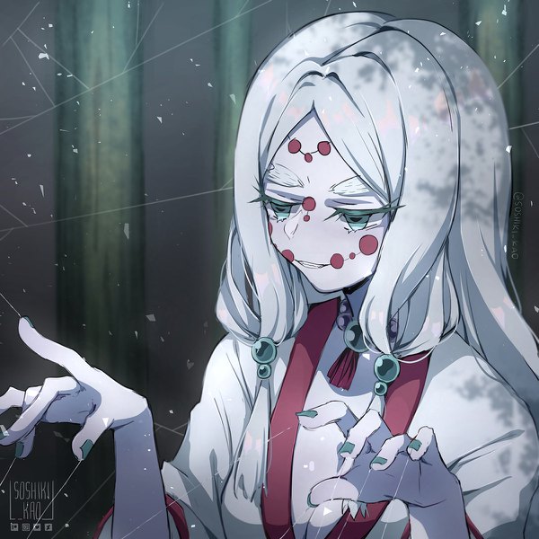 Anime picture 1200x1200 with kimetsu no yaiba ufotable mother spider demon (kimetsu no yaiba) soshiki single long hair smile signed cleavage upper body outdoors white hair nail polish traditional clothes japanese clothes aqua eyes looking down eyebrows face paint white skin