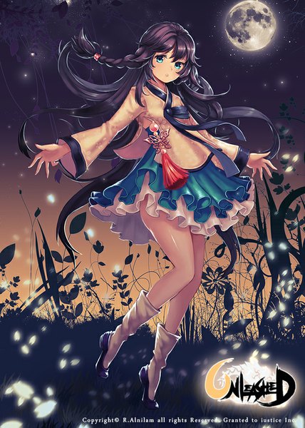 Anime picture 600x840 with unleashed r.alnilam single tall image looking at viewer fringe blue eyes purple hair bent knee (knees) very long hair legs girl dress moon full moon