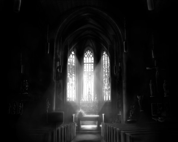 Аниме картинка 1280x1024 с оригинальное изображение furuta в помещении солнечный свет чёрный фон монохромное тёмный фон без людей солнечный луч окно здание (здания) скамейка статуя церковь