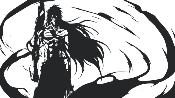 Anime picture 1920x1080 with bleach studio pierrot kurosaki ichigo kiro (mieru) single long hair fringe highres simple background wide image standing white background wallpaper monochrome spoilers high contrast flat color boy weapon bandage (bandages)