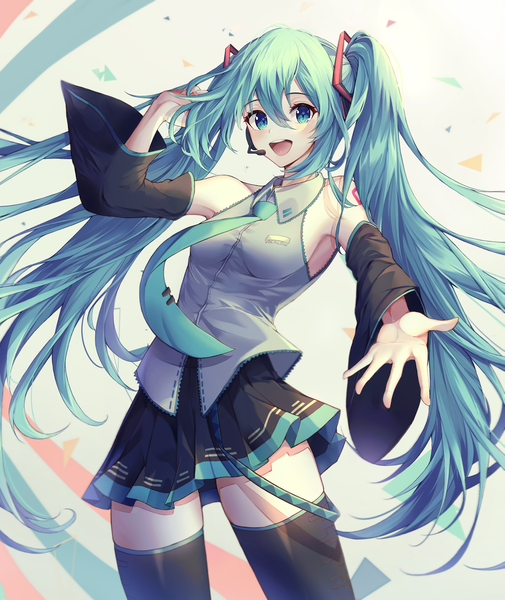 Anime picture 1185x1407 with vocaloid hatsune miku minyumim single long hair tall image looking at viewer blush fringe open mouth blue eyes simple background smile hair between eyes standing twintails :d pleated skirt arm up aqua hair