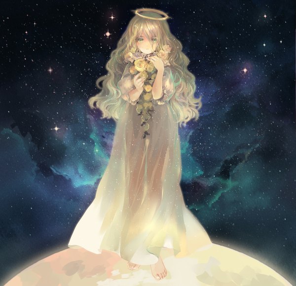 Anime picture 1400x1356 with original aki single long hair looking at viewer fringe open mouth blonde hair standing holding green eyes barefoot night no shoes night sky glow see-through silhouette girl dress flower (flowers)