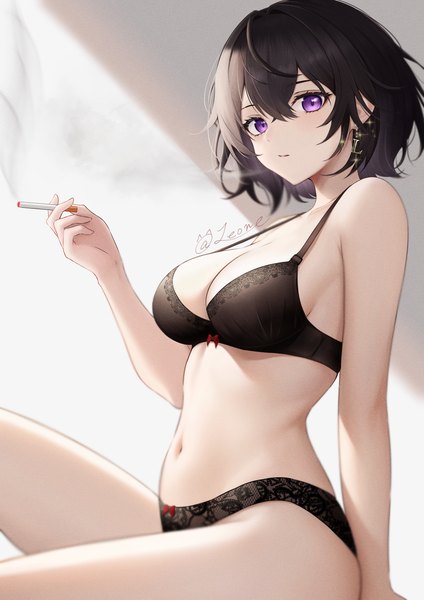 Anime picture 3969x5613 with original leone (kamina0205) single tall image looking at viewer fringe highres short hair breasts light erotic black hair hair between eyes large breasts purple eyes holding signed absurdres cleavage underwear only twitter username