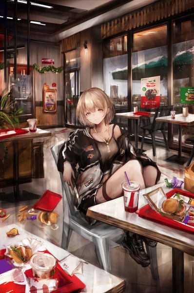 Anime picture 3290x4961 with original lliftt single tall image looking at viewer highres short hair blonde hair sitting yellow eyes absurdres full body bent knee (knees) indoors off shoulder open jacket restaurant girl food shoes