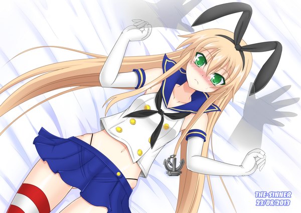 Anime picture 1200x849 with kantai collection shimakaze destroyer the-sinner single looking at viewer blush light erotic blonde hair green eyes very long hair shadow girl thighhighs skirt gloves navel underwear panties miniskirt elbow gloves