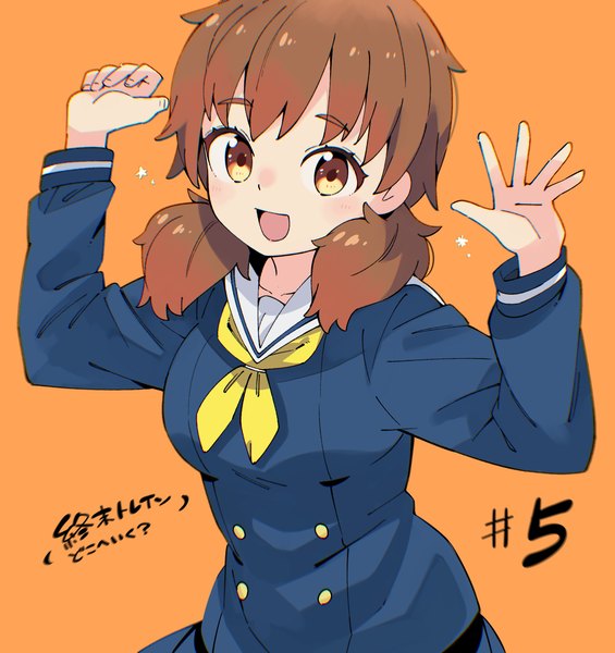Anime picture 2631x2793 with shuumatsu train doko he iku? hoshi nadeshiko namo (goodbyetears) single long hair tall image looking at viewer highres open mouth simple background brown hair twintails brown eyes :d arms up copyright name low twintails orange background girl uniform