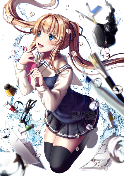 Anime-Bild 800x1133 mit saenai heroine no sodatekata a-1 pictures sawamura spencer eriri saruei single long hair tall image blush fringe open mouth blue eyes blonde hair smile white background twintails holding signed looking away blunt bangs long sleeves