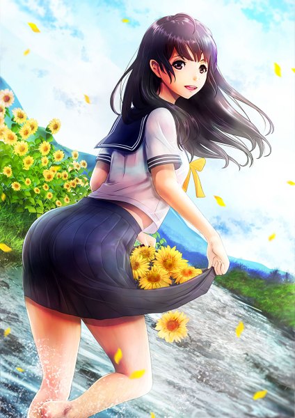 Anime picture 900x1273 with original konekoneko (indonesia) single long hair tall image looking at viewer fringe open mouth black hair standing brown eyes payot sky cloud (clouds) bent knee (knees) outdoors pleated skirt looking back barefoot wind
