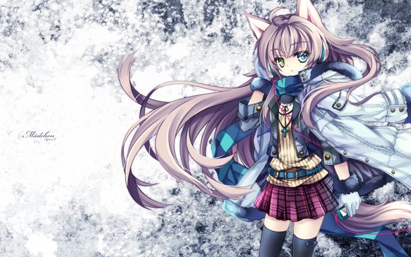 Anime picture 1920x1200 with capura lin long hair highres wide image animal ears silver hair cat ears heterochromia girl thighhighs skirt gloves black thighhighs miniskirt headphones cross wire (wires)