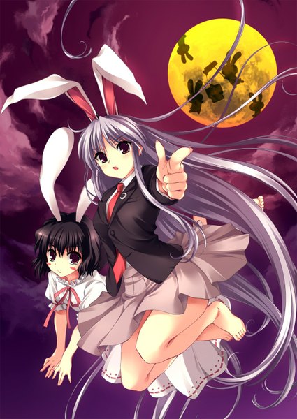 Anime picture 1062x1500 with touhou reisen udongein inaba inaba tewi sato-pon tall image looking at viewer short hair black hair red eyes multiple girls purple hair cloud (clouds) very long hair pleated skirt barefoot bare legs shadow bunny girl jumping silhouette