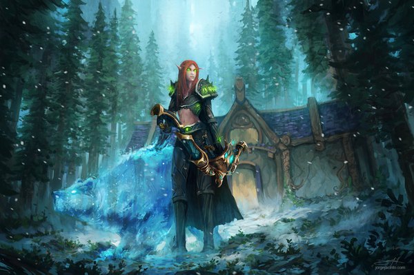 Anime picture 1280x853 with world of warcraft blizzard entertainment blood elf jjcanvas single long hair green eyes signed looking away full body outdoors orange hair midriff glowing snowing winter snow eyebrows elf glowing eye (eyes)